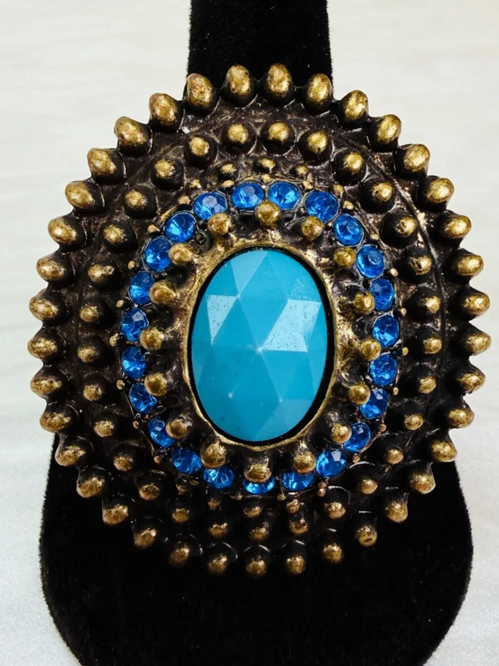Pretty bohemian chic, blue bling, large statement, 5 1/2 adjustable ring